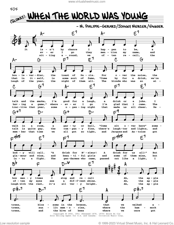 When The World Was Young (Low Voice) sheet music for voice and other instruments (low voice) by Johnny Mercer, Angele Vannier and M. Philippe-Gerard, intermediate skill level