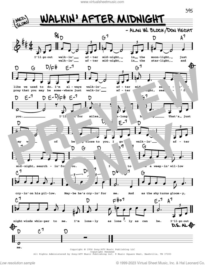 Walkin' After Midnight (Low Voice) sheet music for voice and other instruments (low voice) by Patsy Cline, Alan W. Block and Don Hecht, intermediate skill level