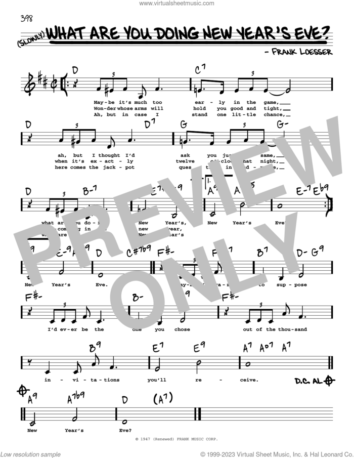 What Are You Doing New Year's Eve? (Low Voice) sheet music for voice and other instruments (low voice) by Frank Loesser, intermediate skill level