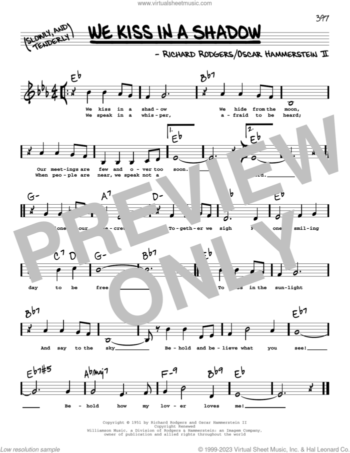 We Kiss In A Shadow (Low Voice) sheet music for voice and other instruments (low voice) by Rodgers & Hammerstein, Oscar II Hammerstein and Richard Rodgers, intermediate skill level