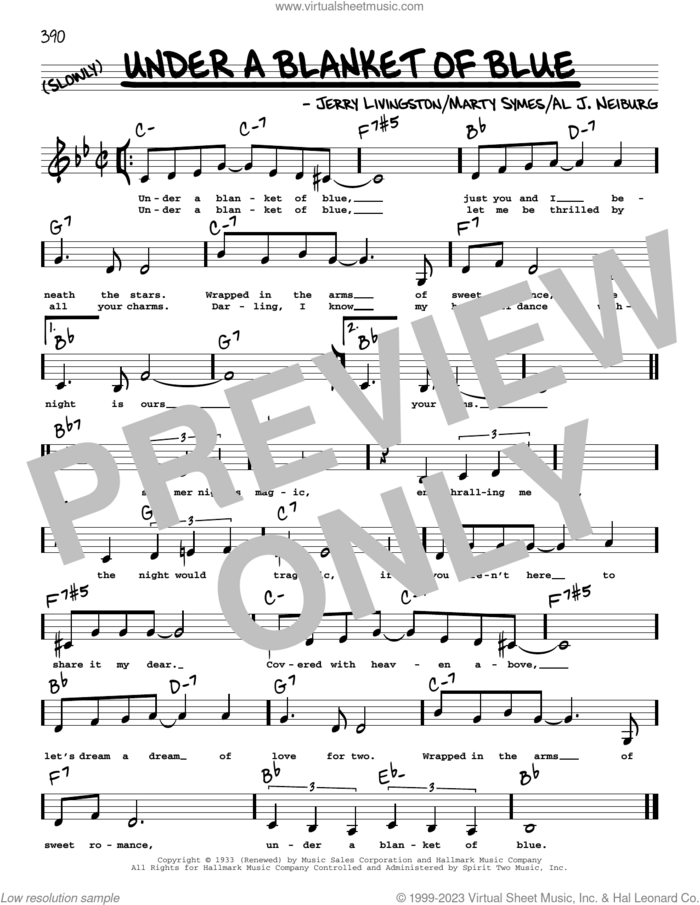 Under A Blanket Of Blue (Low Voice) sheet music for voice and other instruments (low voice) by Jerry Livingston, Al J. Neiburg and Marty Symes, intermediate skill level