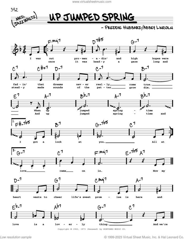 Up Jumped Spring (Low Voice) sheet music for voice and other instruments (low voice) by Freddie Hubbard, intermediate skill level