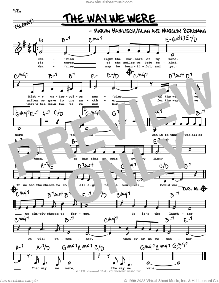 The Way We Were (Low Voice) sheet music for voice and other instruments (low voice) by Barbra Streisand, Alan Bergman, Marilyn Bergman and Marvin Hamlisch, intermediate skill level