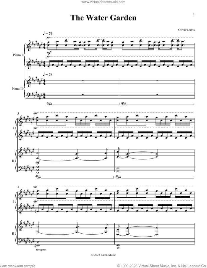 The Water Garden sheet music for piano four hands by Oliver Davis, classical score, intermediate skill level