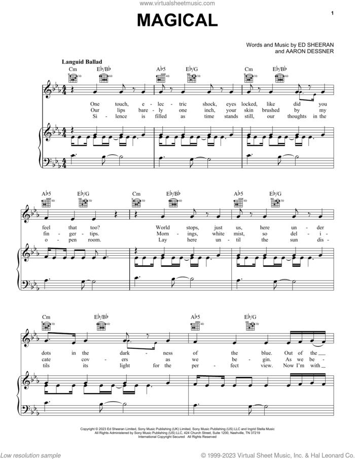 Magical sheet music for voice, piano or guitar by Ed Sheeran and Aaron Dessner, intermediate skill level