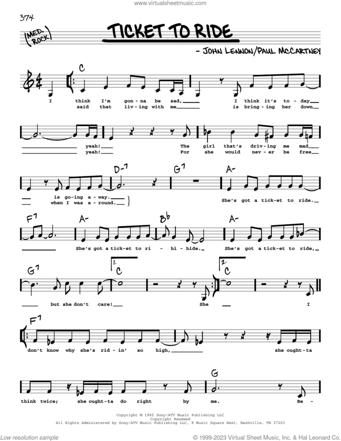 Ticket To Ride (Low Voice) sheet music for voice and other instruments (low voice) by The Beatles, Carpenters, John Lennon and Paul McCartney, intermediate skill level