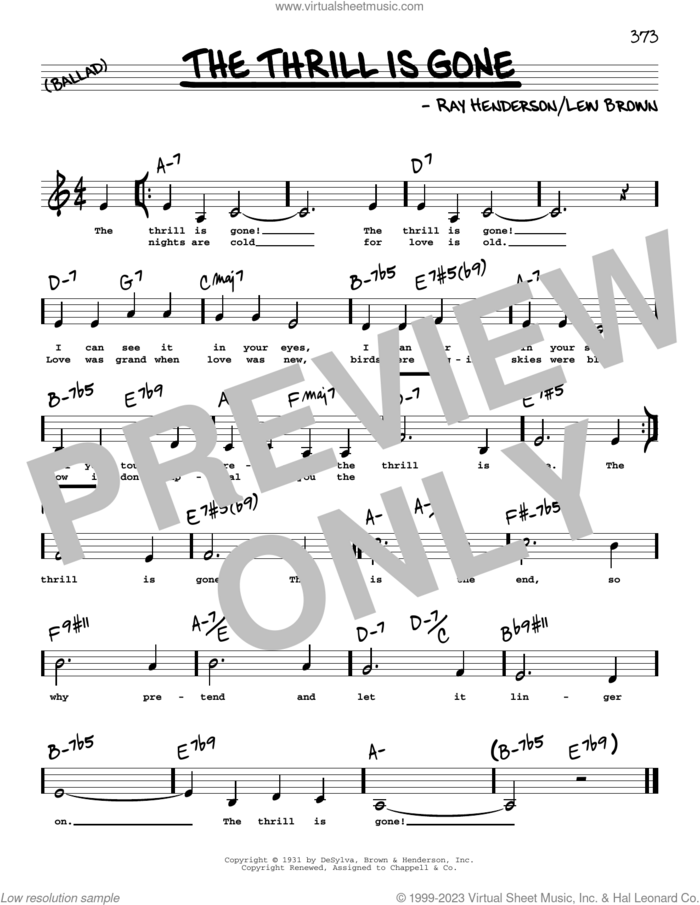 The Thrill Is Gone (Low Voice) sheet music for voice and other instruments (low voice) by Lew Brown and Ray Henderson, intermediate skill level