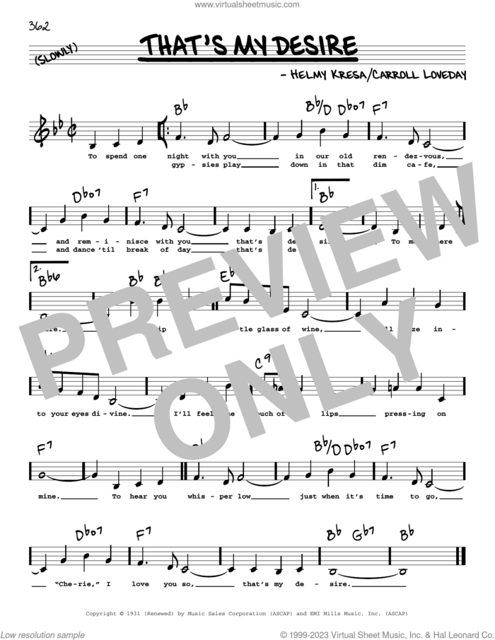That's My Desire (Low Voice) sheet music for voice and other instruments (low voice) by Carroll Loveday and Helmy Kresa, intermediate skill level