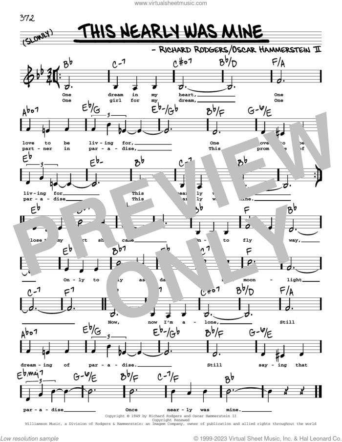 This Nearly Was Mine (Low Voice) sheet music for voice and other instruments (low voice) by Rodgers & Hammerstein, Oscar II Hammerstein and Richard Rodgers, intermediate skill level