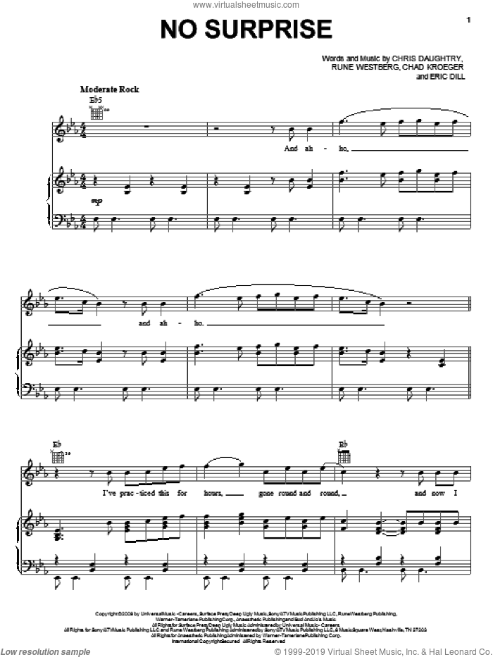 No Surprise sheet music for voice, piano or guitar by Daughtry, Chad Kroeger, Chris Daughtry, Eric Dill and Rune Westberg, intermediate skill level