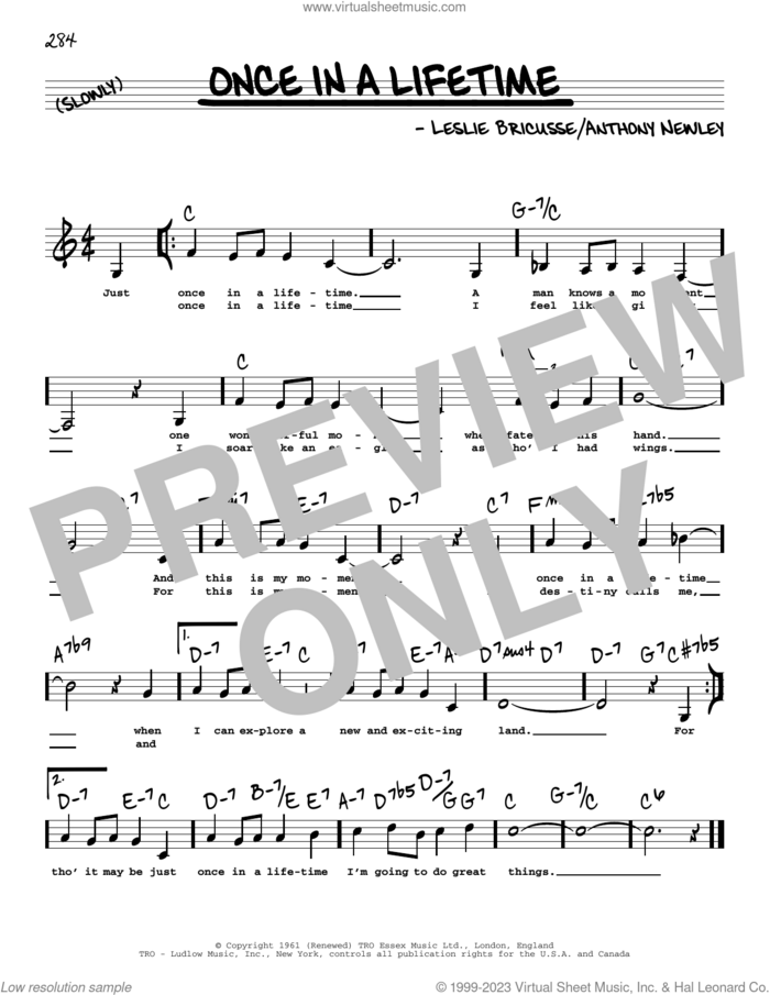 Once In A Lifetime (Low Voice) sheet music for voice and other instruments (low voice) by Leslie Bricusse and Anthony Newley, intermediate skill level