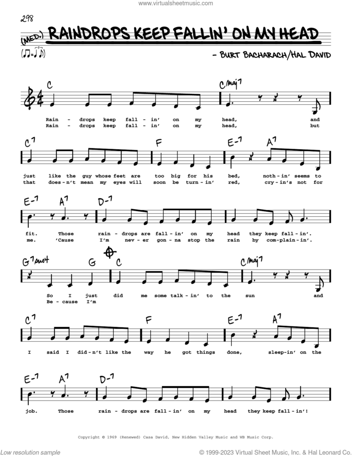 Raindrops Keep Fallin' On My Head (Low Voice) sheet music for voice and other instruments (low voice) by B.J. Thomas, Burt Bacharach and Hal David, intermediate skill level