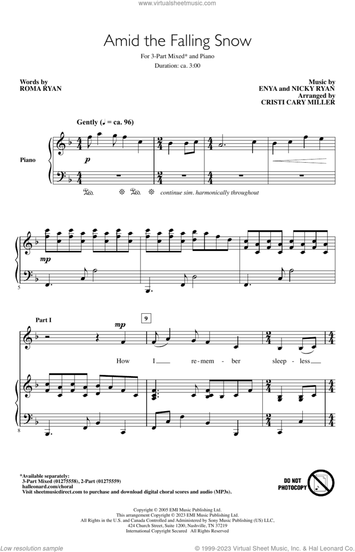 Amid The Falling Snow (arr. Cristi Cary Miller) sheet music for choir (3-Part Mixed) by Enya, Cristi Cary Miller, Nicky Ryan and Roma Ryan, intermediate skill level