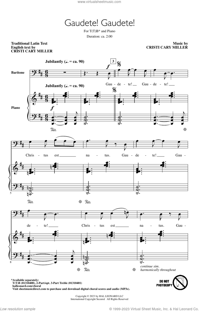 Gaudete! Gaudete! sheet music for choir (t(t)b) by Cristi Cary Miller and Miscellaneous, intermediate skill level