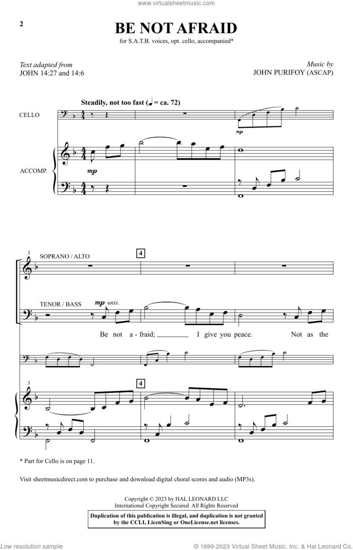 Be Not Afraid sheet music for choir (SATB: soprano, alto, tenor, bass) by John Purifoy, John 14:27 and John 14:6, intermediate skill level