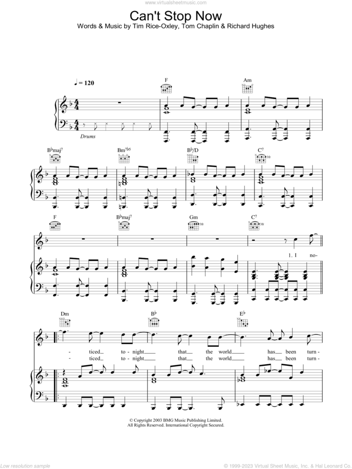 Can't Stop Now sheet music for voice, piano or guitar by Tim Rice-Oxley, intermediate skill level