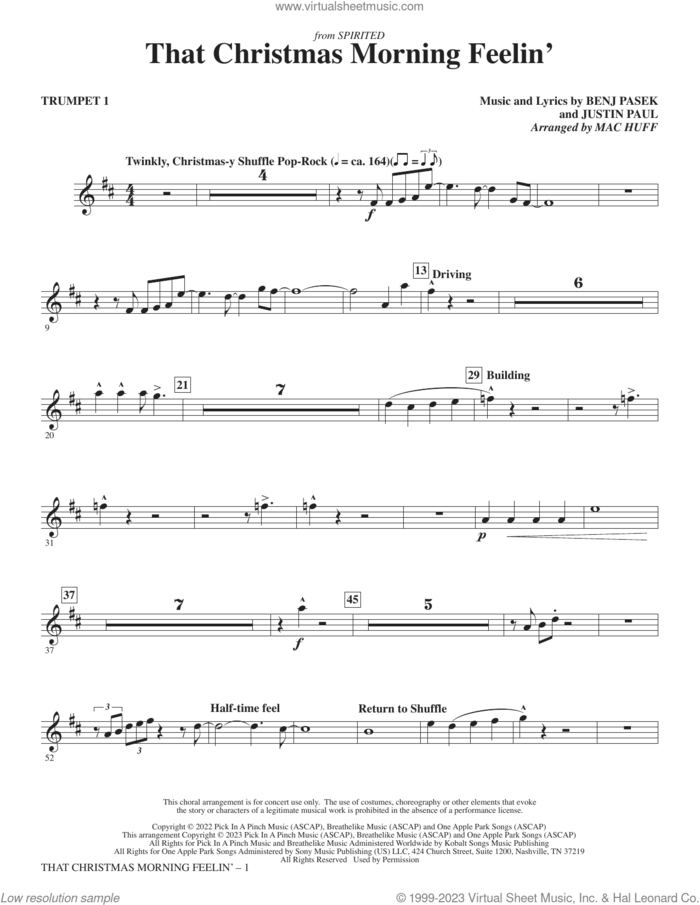 That Christmas Morning Feelin' (arr. Mac Huff) sheet music for orchestra/band (trumpet 1) by Benj Pasek, Mac Huff, Justin Paul and Pasek & Paul, intermediate skill level