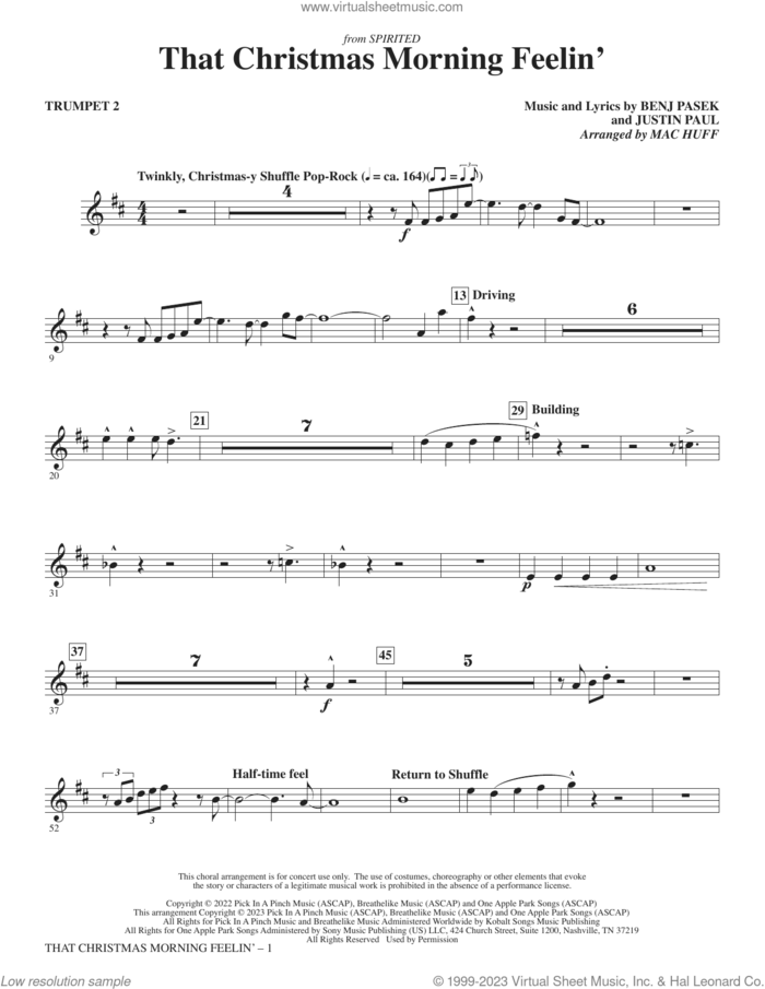 That Christmas Morning Feelin' (arr. Mac Huff) sheet music for orchestra/band (trumpet 2) by Benj Pasek, Mac Huff, Justin Paul and Pasek & Paul, intermediate skill level
