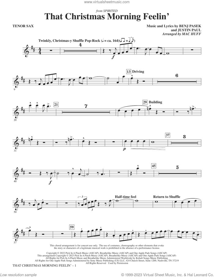 That Christmas Morning Feelin' (arr. Mac Huff) sheet music for orchestra/band (tenor saxophone) by Benj Pasek, Mac Huff, Justin Paul and Pasek & Paul, intermediate skill level