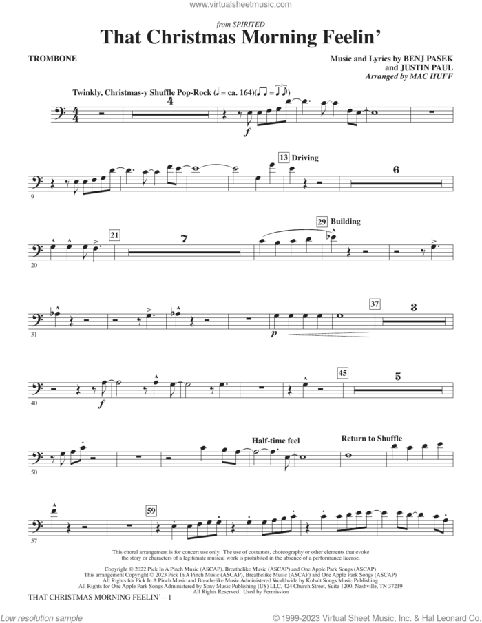 That Christmas Morning Feelin' (arr. Mac Huff) sheet music for orchestra/band (trombone) by Benj Pasek, Mac Huff, Justin Paul and Pasek & Paul, intermediate skill level