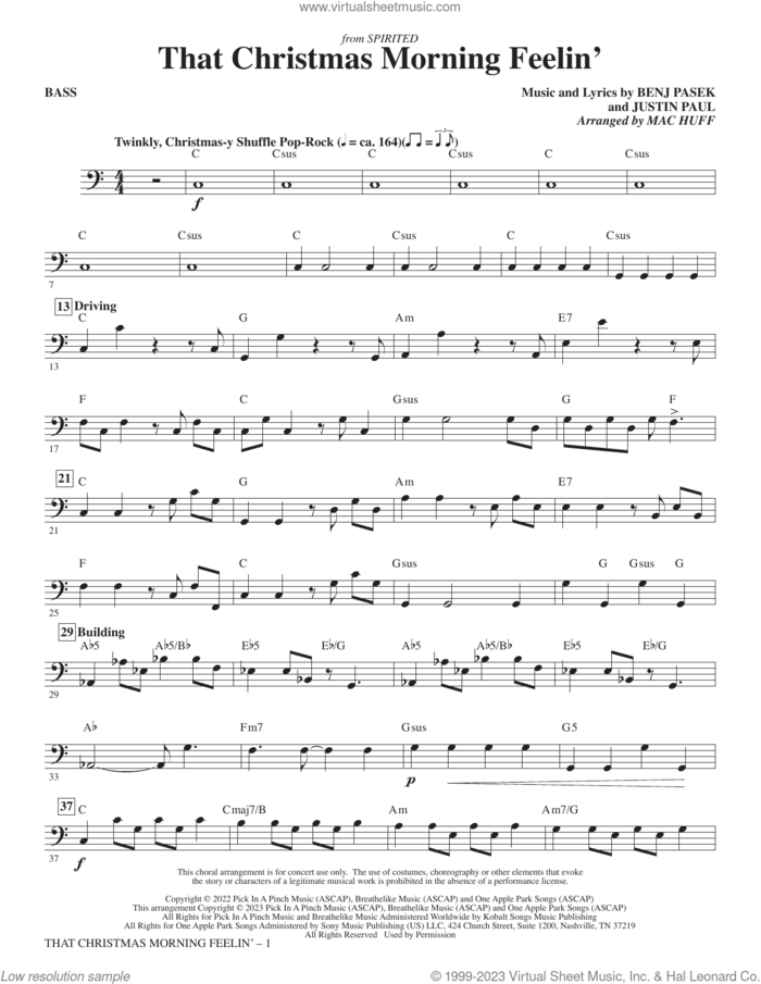 That Christmas Morning Feelin' (arr. Mac Huff) sheet music for orchestra/band (bass) by Pasek & Paul, Mac Huff, Benj Pasek and Justin Paul, intermediate skill level