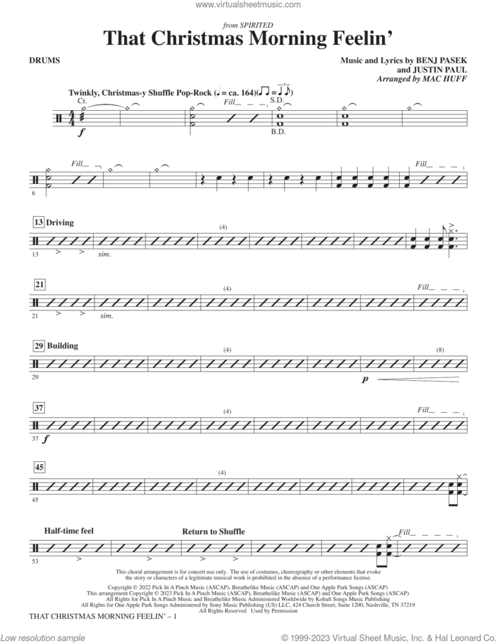 That Christmas Morning Feelin' (arr. Mac Huff) sheet music for orchestra/band (drums) by Benj Pasek, Mac Huff, Justin Paul and Pasek & Paul, intermediate skill level