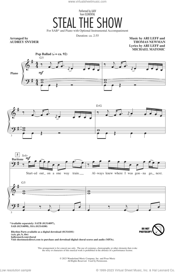 Steal The Show (from Elemental) (arr. Audrey Snyder) sheet music for choir (SAB: soprano, alto, bass) by Lauv, Audrey Snyder, Ari Leff, Michael Matosic and Thomas Newman, intermediate skill level