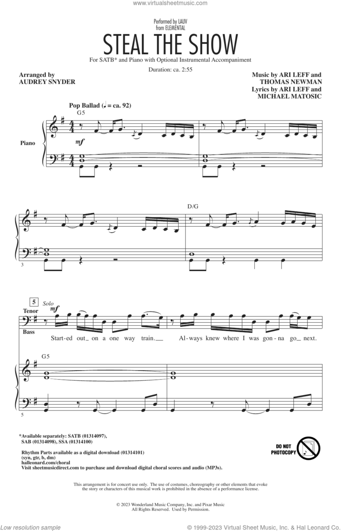 Steal The Show (from Elemental) (arr. Audrey Snyder) sheet music for choir (SATB: soprano, alto, tenor, bass) by Lauv, Audrey Snyder, Ari Leff, Michael Matosic and Thomas Newman, intermediate skill level