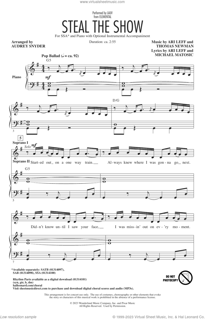 Steal The Show (from Elemental) (arr. Audrey Snyder) sheet music for choir (SSA: soprano, alto) by Lauv, Audrey Snyder, Ari Leff, Michael Matosic and Thomas Newman, intermediate skill level