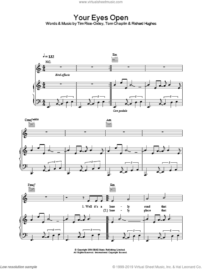 Your Eyes Open sheet music for voice, piano or guitar by Tim Rice-Oxley, intermediate skill level