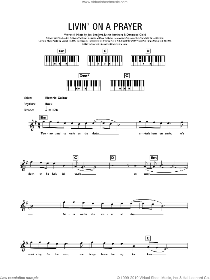 Livin' On A Prayer sheet music for piano solo (chords, lyrics, melody) by Bon Jovi, Desmond Child and Richie Sambora, intermediate piano (chords, lyrics, melody)