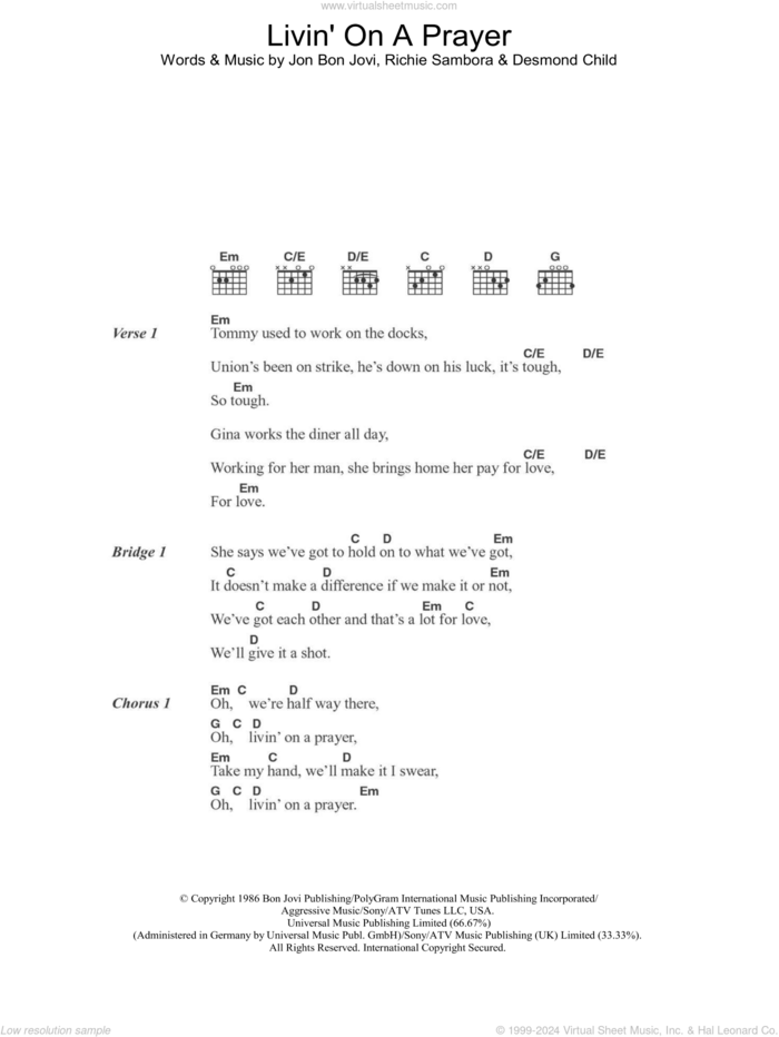 Livin' On A Prayer sheet music for guitar (chords) by Bon Jovi, Desmond Child and Richie Sambora, intermediate skill level