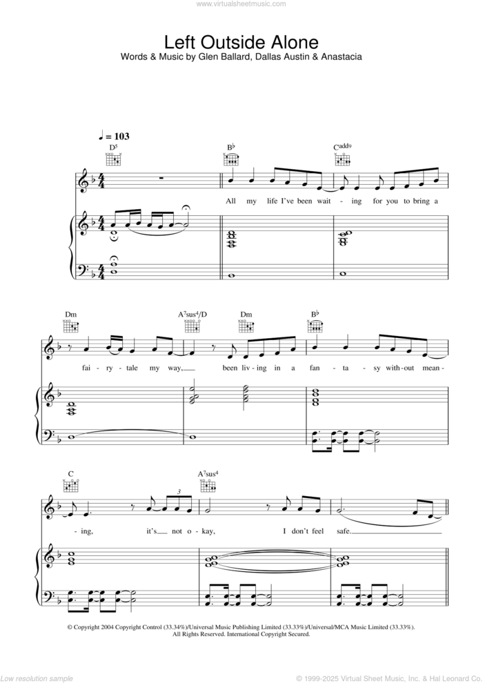 Left Outside Alone sheet music for voice, piano or guitar by Anastacia, Dallas Austin and Glen Ballard, intermediate skill level