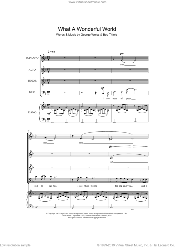 What A Wonderful World sheet music for choir (SATB: soprano, alto, tenor, bass) by Louis Armstrong, Bob Thiele and George David Weiss, intermediate skill level