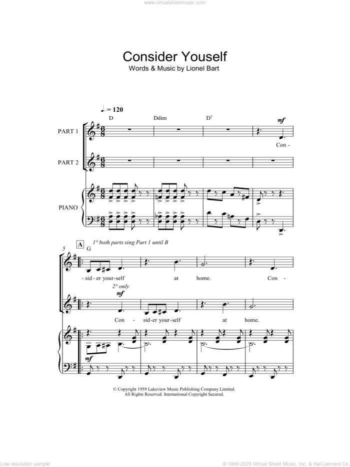 Consider Yourself (from Oliver!) (arr. Rick Hein) sheet music for choir (2-Part) by Lionel Bart and Rick Hein, intermediate duet