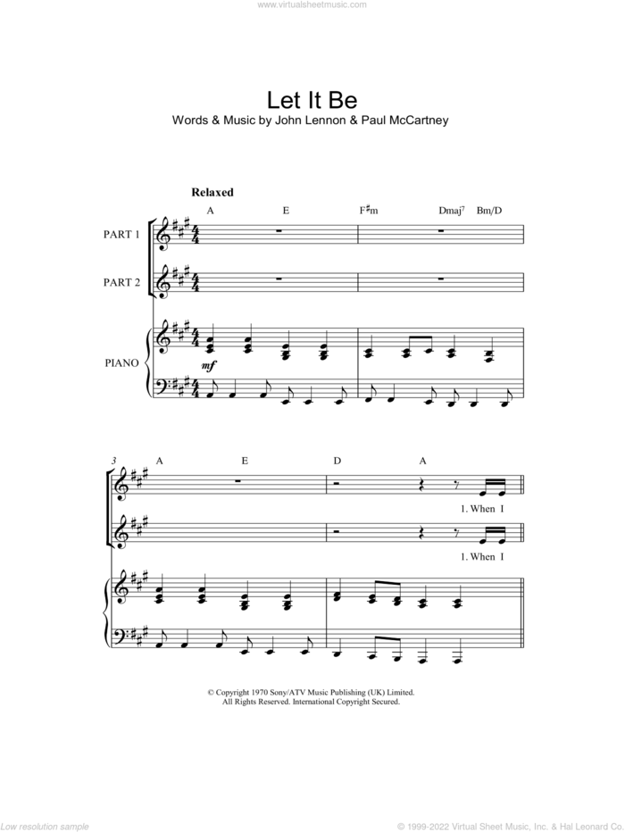 Let It Be (arr. Rick Hein) sheet music for choir (2-Part) by The Beatles, Rick Hein, John Lennon and Paul McCartney, intermediate duet