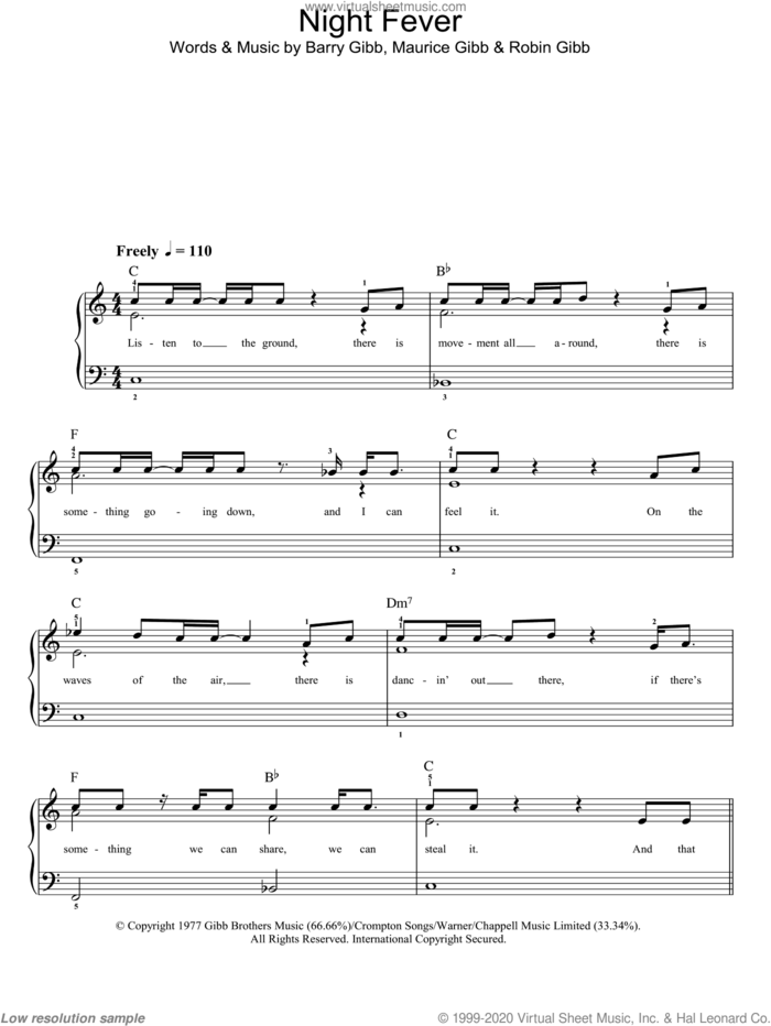 Night Fever sheet music for piano solo by Bee Gees, Barry Gibb, Maurice Gibb and Robin Gibb, easy skill level