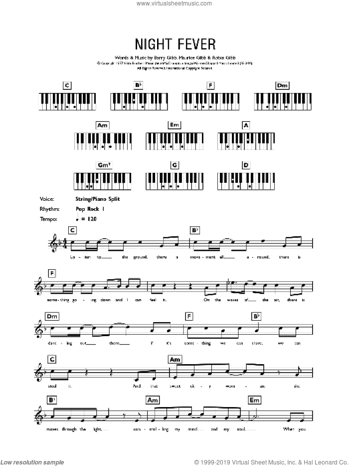 Night Fever sheet music for piano solo (chords, lyrics, melody) by Bee Gees, Barry Gibb, Maurice Gibb and Robin Gibb, intermediate piano (chords, lyrics, melody)
