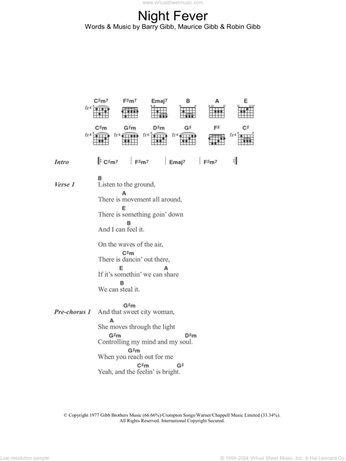 Night Fever sheet music for guitar (chords) by Bee Gees, Barry Gibb, Maurice Gibb and Robin Gibb, intermediate skill level