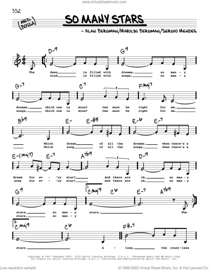 So Many Stars (Low Voice) sheet music for voice and other instruments (low voice) by Alan Bergman, Marilyn Bergman and Sergio Mendes, intermediate skill level