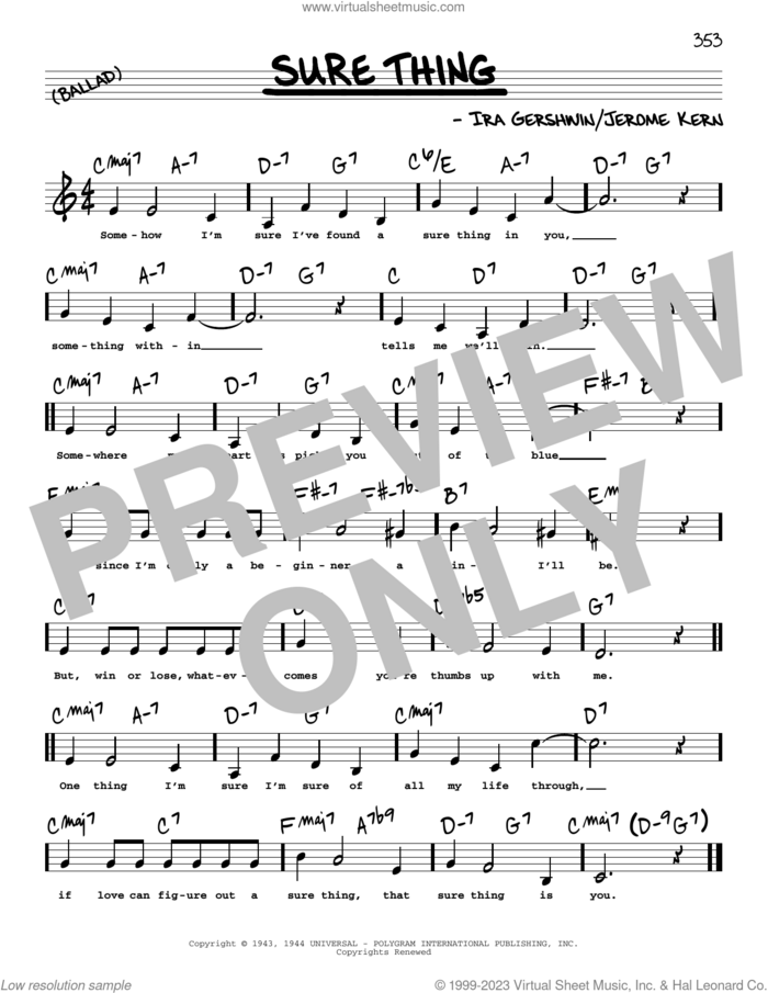 Sure Thing (Low Voice) sheet music for voice and other instruments (low voice) by Ira Gershwin and Jerome Kern, intermediate skill level