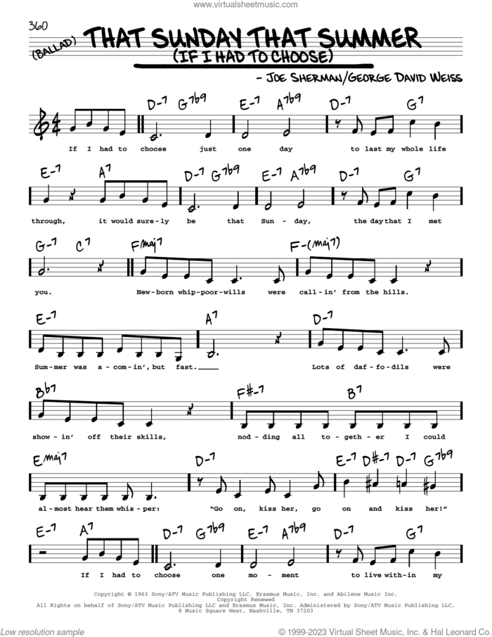 That Sunday That Summer (If I Had To Choose) (Low Voice) sheet music for voice and other instruments (low voice) by George David Weiss, Nat King Cole and Joe Sherman, intermediate skill level