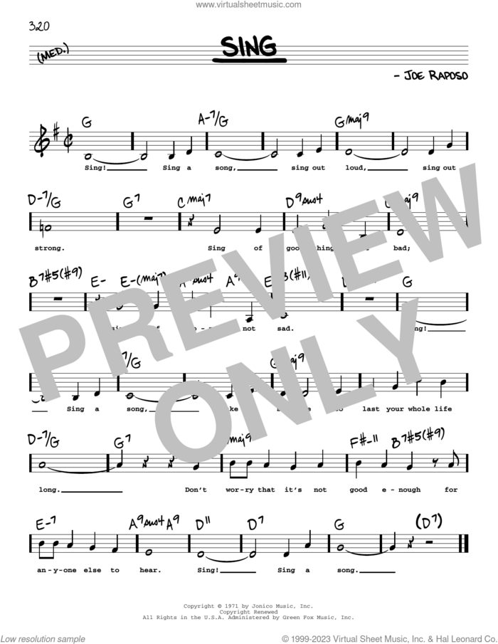 Sing (Low Voice) sheet music for voice and other instruments (low voice) by Joe Raposo and Carpenters, intermediate skill level