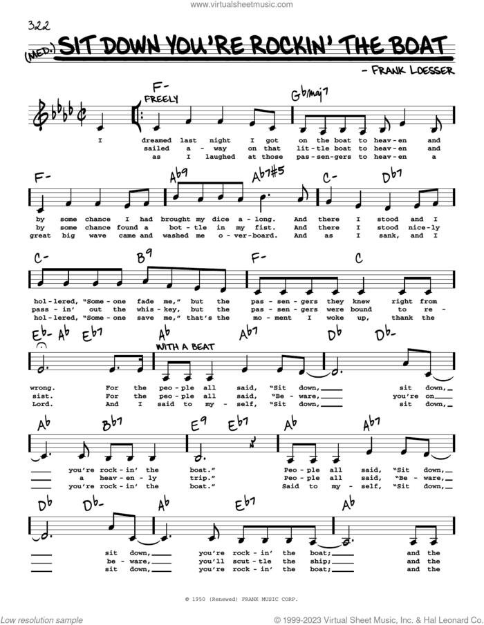 Sit Down You're Rockin' The Boat (Low Voice) sheet music for voice and other instruments (low voice) by Frank Loesser, intermediate skill level