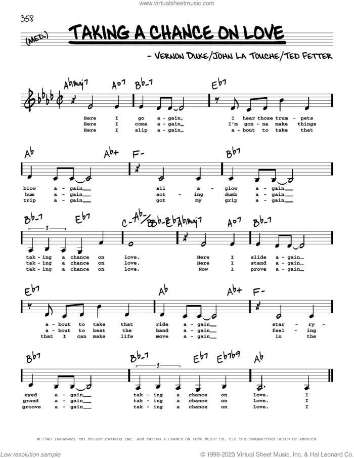 Taking A Chance On Love (Low Voice) sheet music for voice and other instruments (low voice) by Vernon Duke, John Latouche and Ted Fetter, intermediate skill level