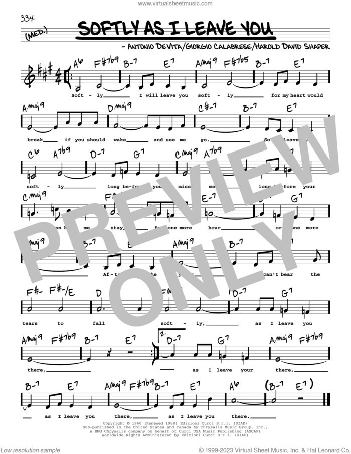 Softly As I Leave You (Low Voice) sheet music for voice and other instruments (low voice) by Frank Sinatra, Elvis Presley, Antonio DeVita, Giorgio Calabrese and Harold David Shaper, intermediate skill level