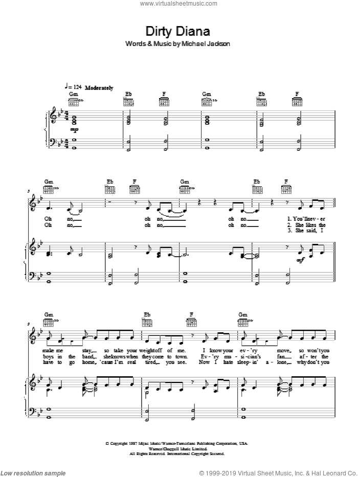 Dirty Diana sheet music for voice, piano or guitar by Michael Jackson, intermediate skill level