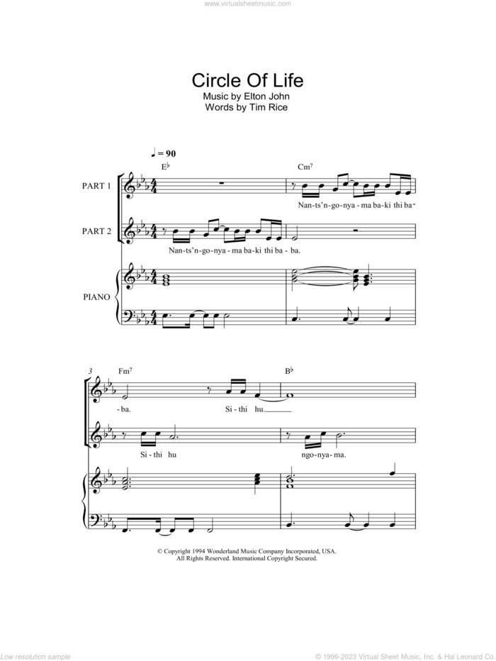 Circle Of Life (arr. Rick Hein) sheet music for choir (2-Part) by Elton John, Rick Hein, The Lion King and Tim Rice, intermediate duet