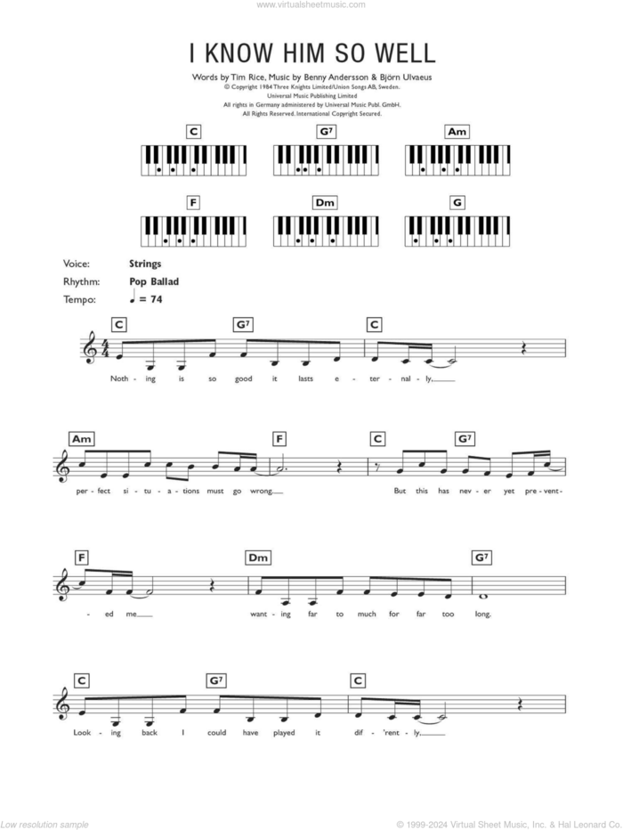 I Know Him So Well (from Chess) sheet music for piano solo (chords, lyrics, melody) by Elaine Paige, Benny Andersson, Benny Andersson and Tim Rice and Bjorn Ulvaeus, Bjorn Ulvaeus and Tim Rice, intermediate piano (chords, lyrics, melody)