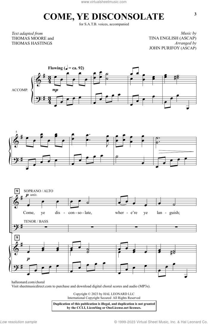Come, Ye Disconsolate (arr. John Purifoy) sheet music for choir (SATB: soprano, alto, tenor, bass) by Tina English, John Purifoy, Thomas Hastings and Thomas Moore, intermediate skill level